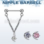 npdl2 steel nipple barbell w a dangling moon w a central cz