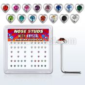 nshrbxm silver nose studs with heart w assorted center crystal