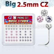 nszbm25 box of silver nose studs w big 2 5mm prong set cz