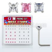 nszbqm silver nose studs w square assorted color prong cz