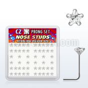 nszbsc box of silver nose studs with 3mm star clear prong cz