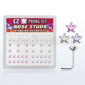 nszbsm box of silver nose studs w star assorted color prong cz