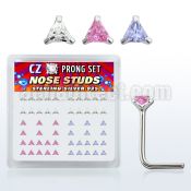 nszbtm silver nose studs w triangle assorted color prong cz