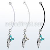 pnd601b pregnancy belly ring w dangling feather turquoise balls 