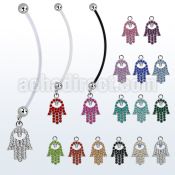 pnd668 pregnancy belly ring w dangling crystal studded hamsa 