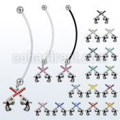 pnd750 pregnancy belly ring w dangling crossed crystal pistol