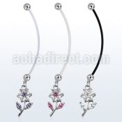 pndz178 pregnancy belly ring w dangling cz studded flower 