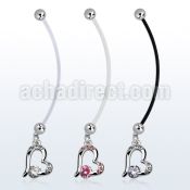 pndz362 pregnancy belly ring w dangling heart w a prong set cz