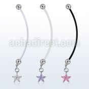 pndz413 pregnancy belly ring w dangling flower w prong set cz