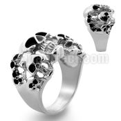 sr257 high polished steel ring with multiple black eyed skulls