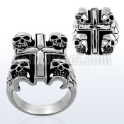 sr266 high polished steel ring with skulls on cross corners