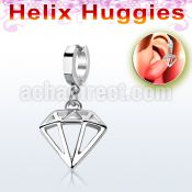 stainless steel huggie w a diamond shaped dangling 