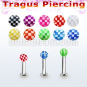 tlbckb3 316l steel tragus labret 16g w a 3mm uv checkered ball 