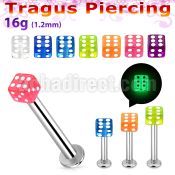 tlbgld3 316l steel tragus labret 16g 3mm glow in the dark dice 