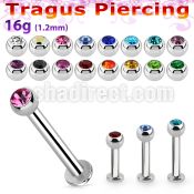 tlbjb25 316l steel tragus labret 16g w 2.5mm jewel ball 