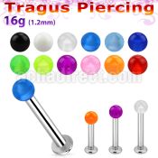 tlbvb25 316l steel tragus labret 16g w a 2.5mm acrylic uv ball 