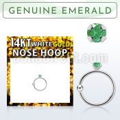 whge10 14kt white gold nose hoop w 2mm prong set emerald stone