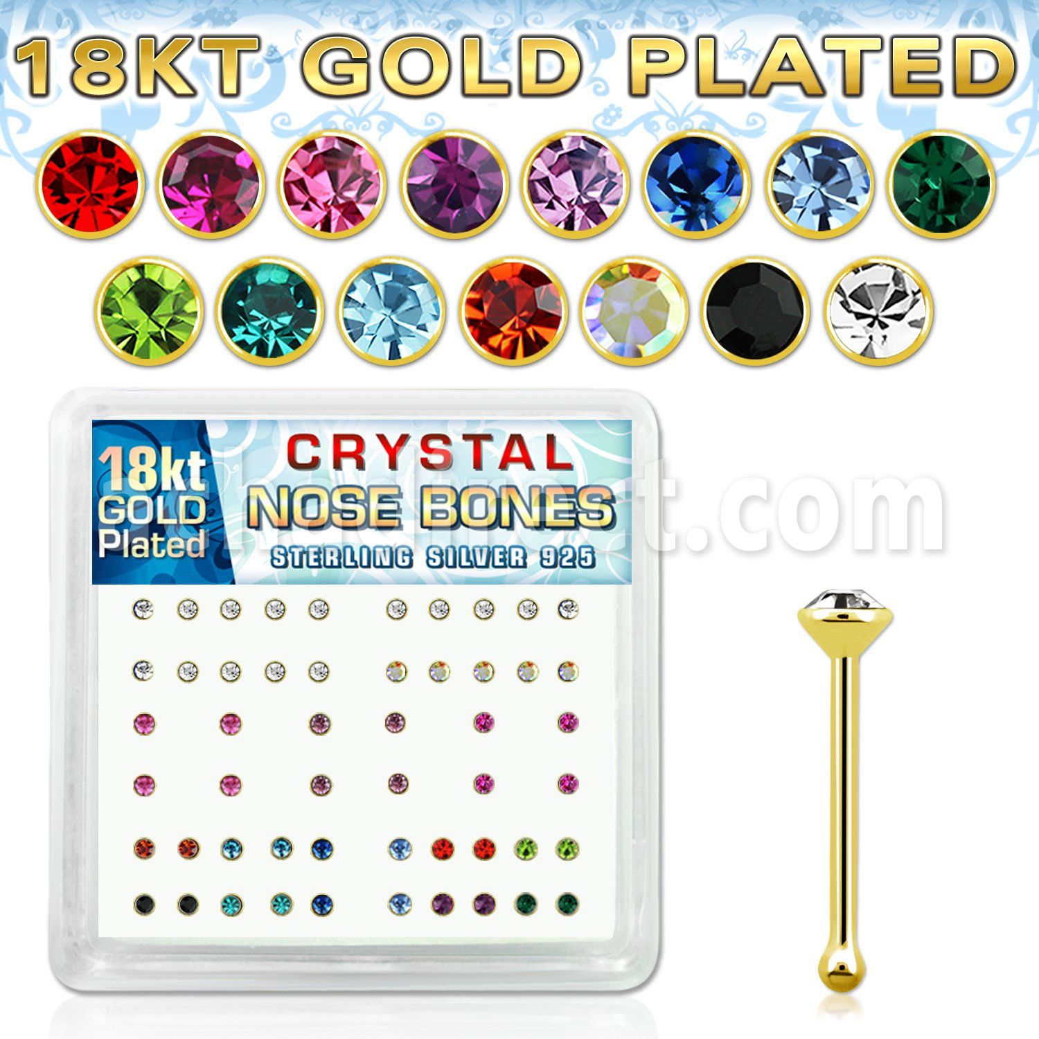 18b14xm silver nose bones w 18k gold plating 2mm crystal tops