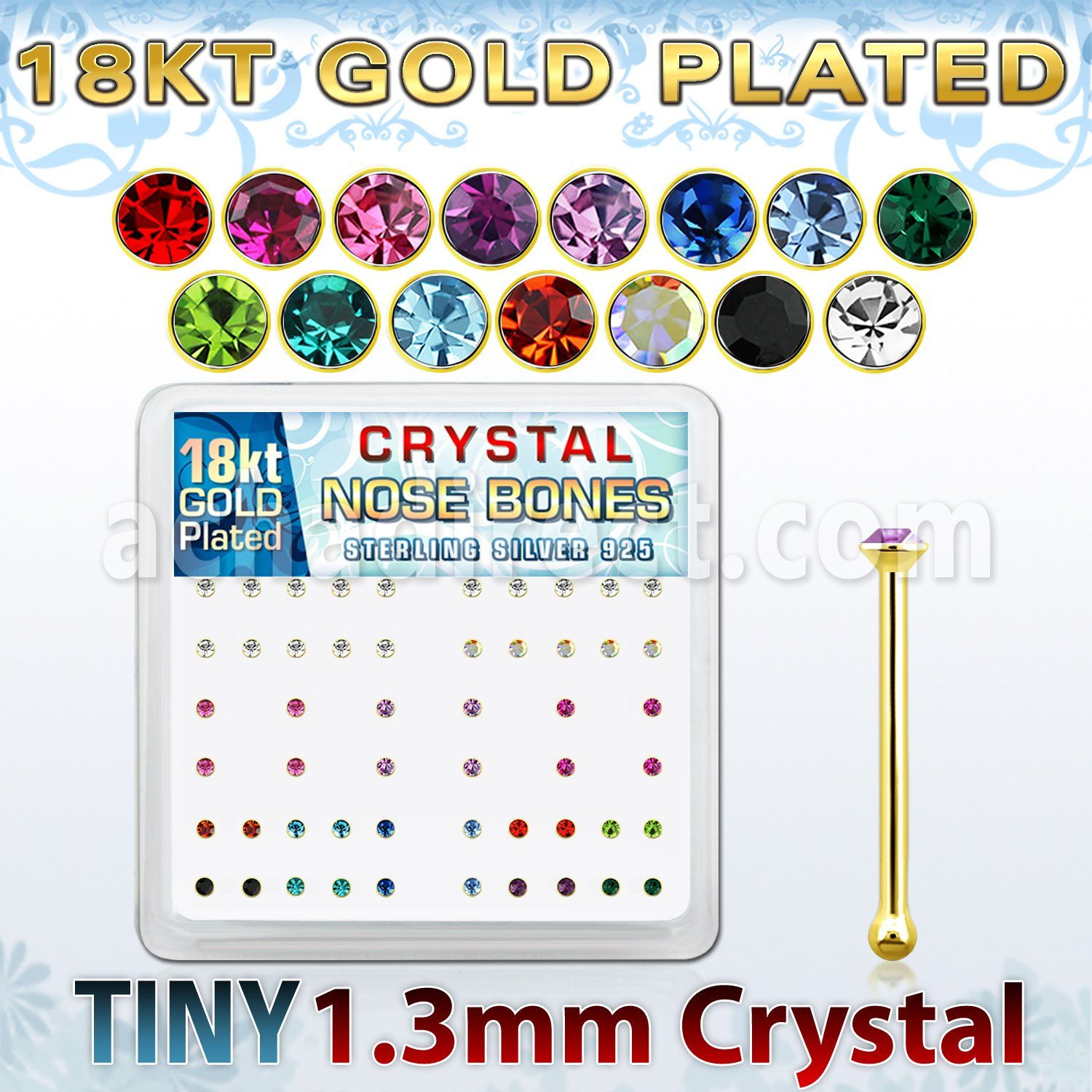 18b6xm box of gold silver nose bones w 1 25mm crystal in colors