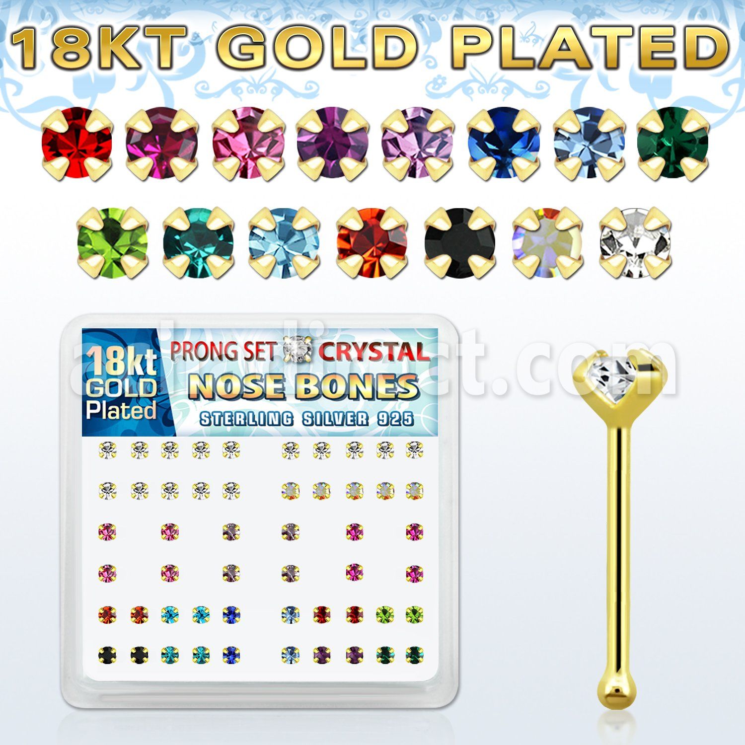 18bp19xm box of gold silver nose bones w prong set cz in colors