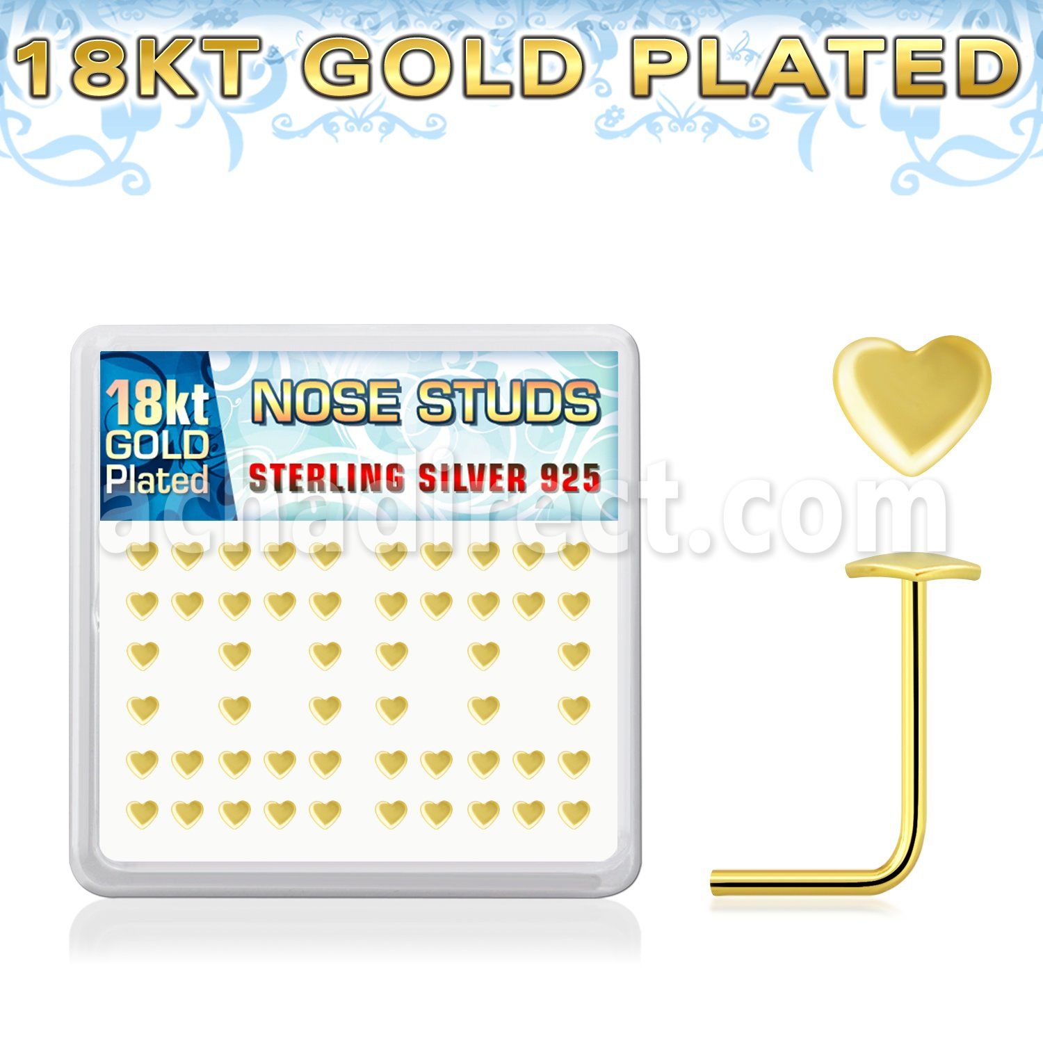 18sxvhr box w gold plated silver nose studs w heart top