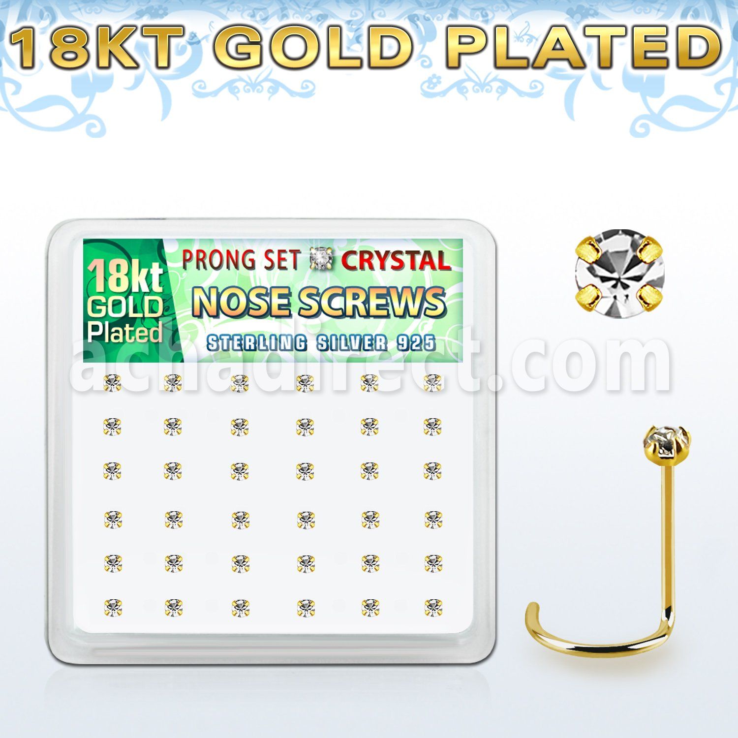 18wp14xc box gold plated silver nose screws w set 2mm crystals