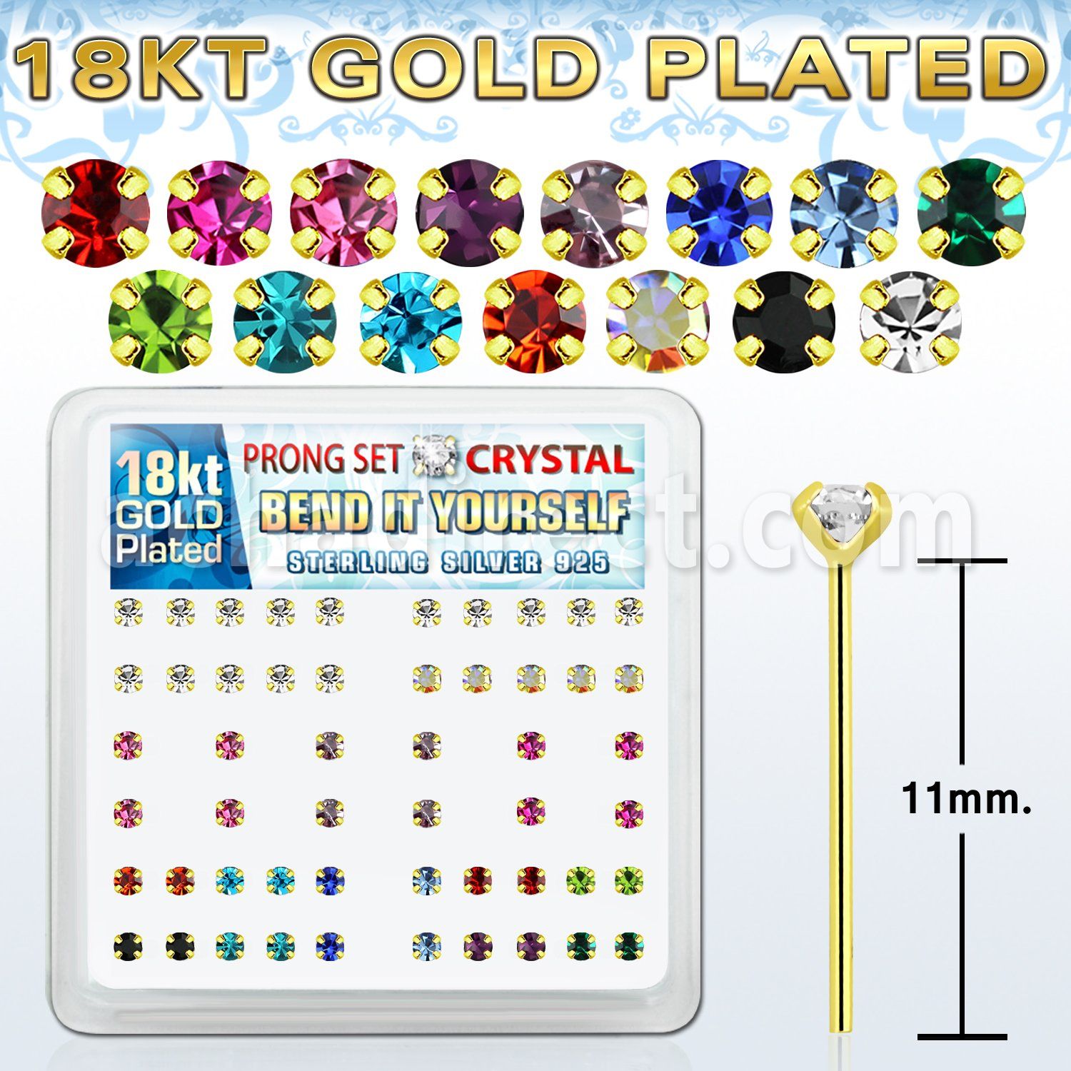 18yp14xm gold silver bend it nose studs w 2mm prong set crystals