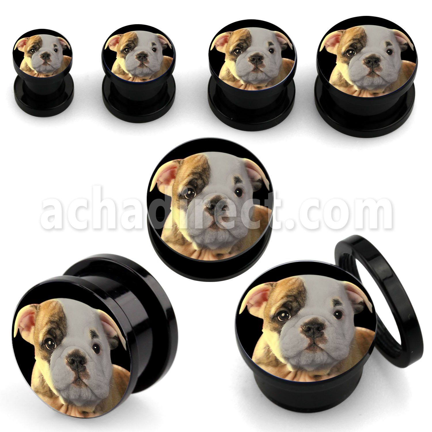 afpggg black acrylic screw fit plug with bulldog puppy logo