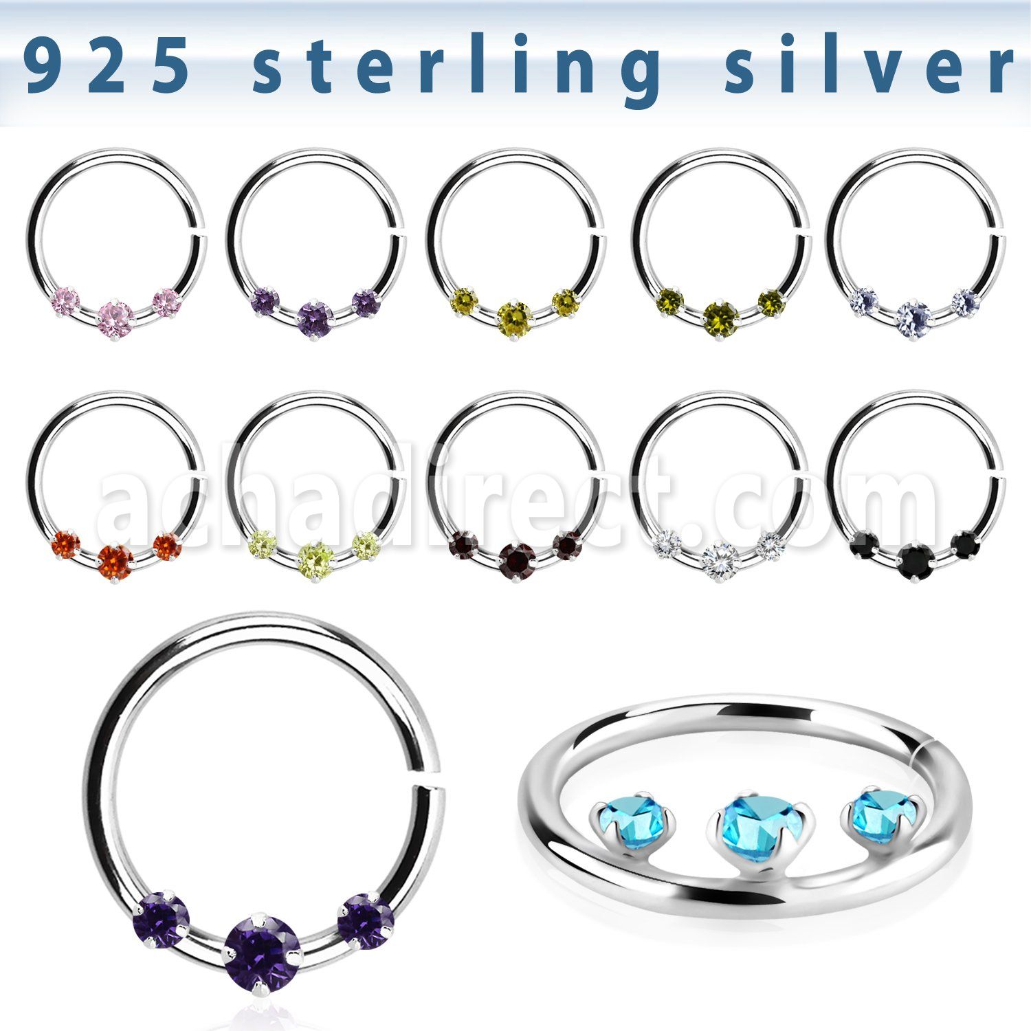 agspvz1 silver seamless ring for septum piercings, 18g w czs