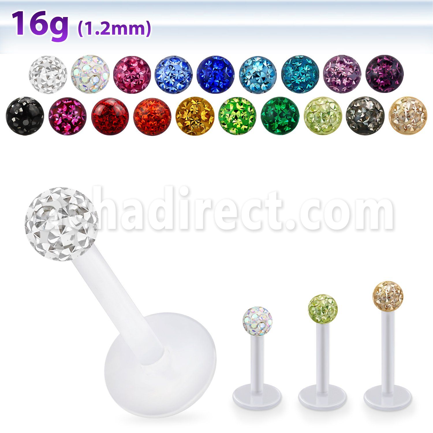albfr3 bio  flex labret w 3mm ferido glued multi crystal ball