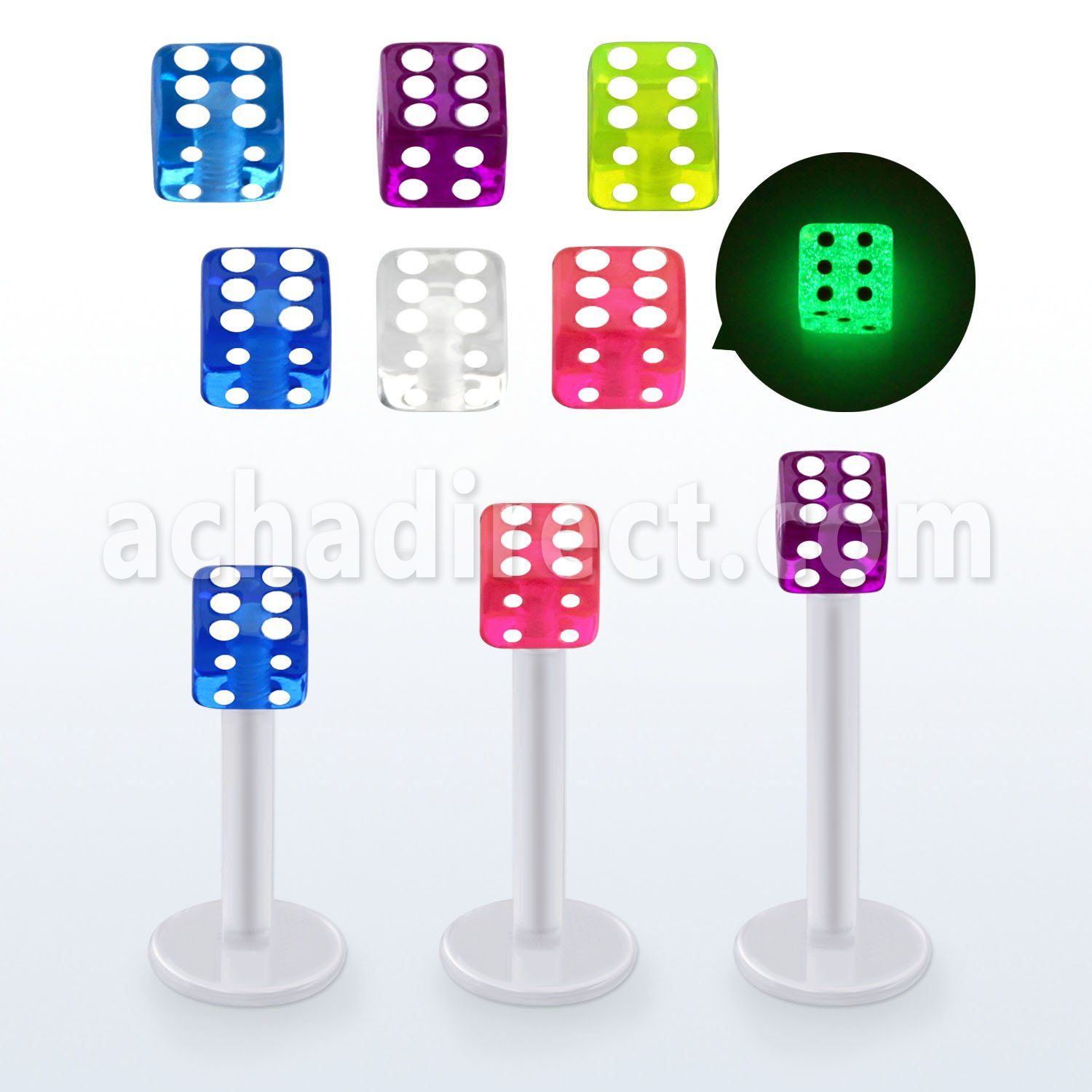 albgld4 bio  flex labret w 4mm glow in the dark acrylic dice