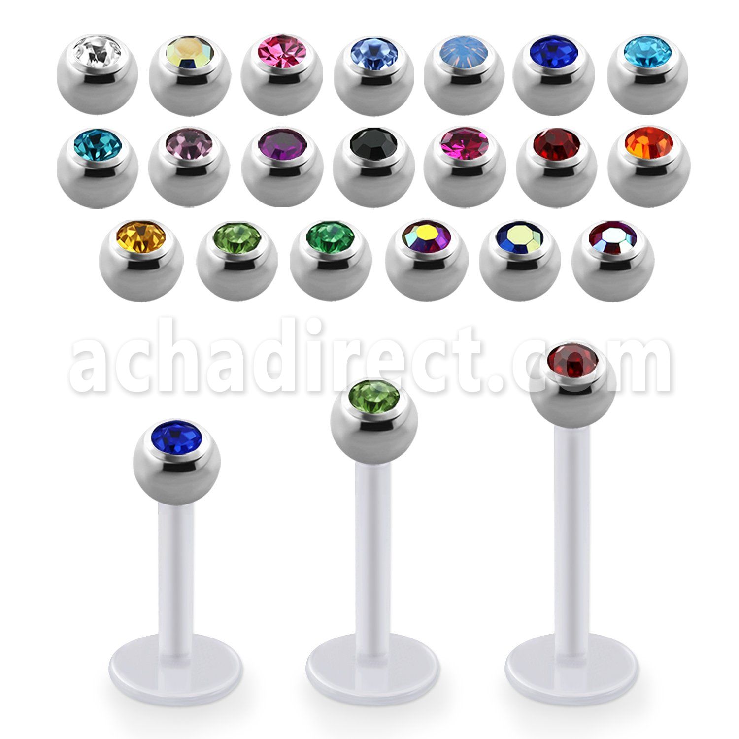 albjb3 bio  flex labret w 3mm steel balls w bezel set crystal