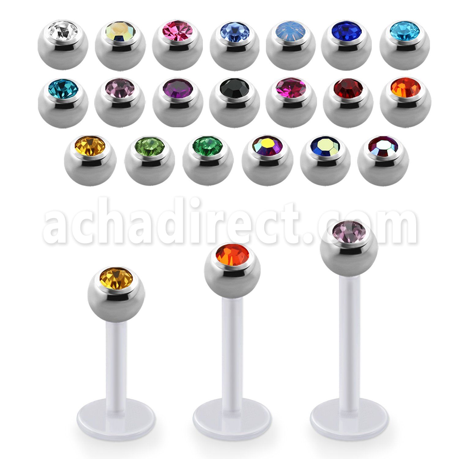albjb4 bio  flex labret w 4mm steel balls w bezel set crystal