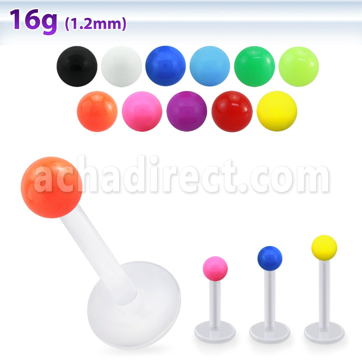 albsab3 bio  flex labret w 3mm acrylic ball in solid color