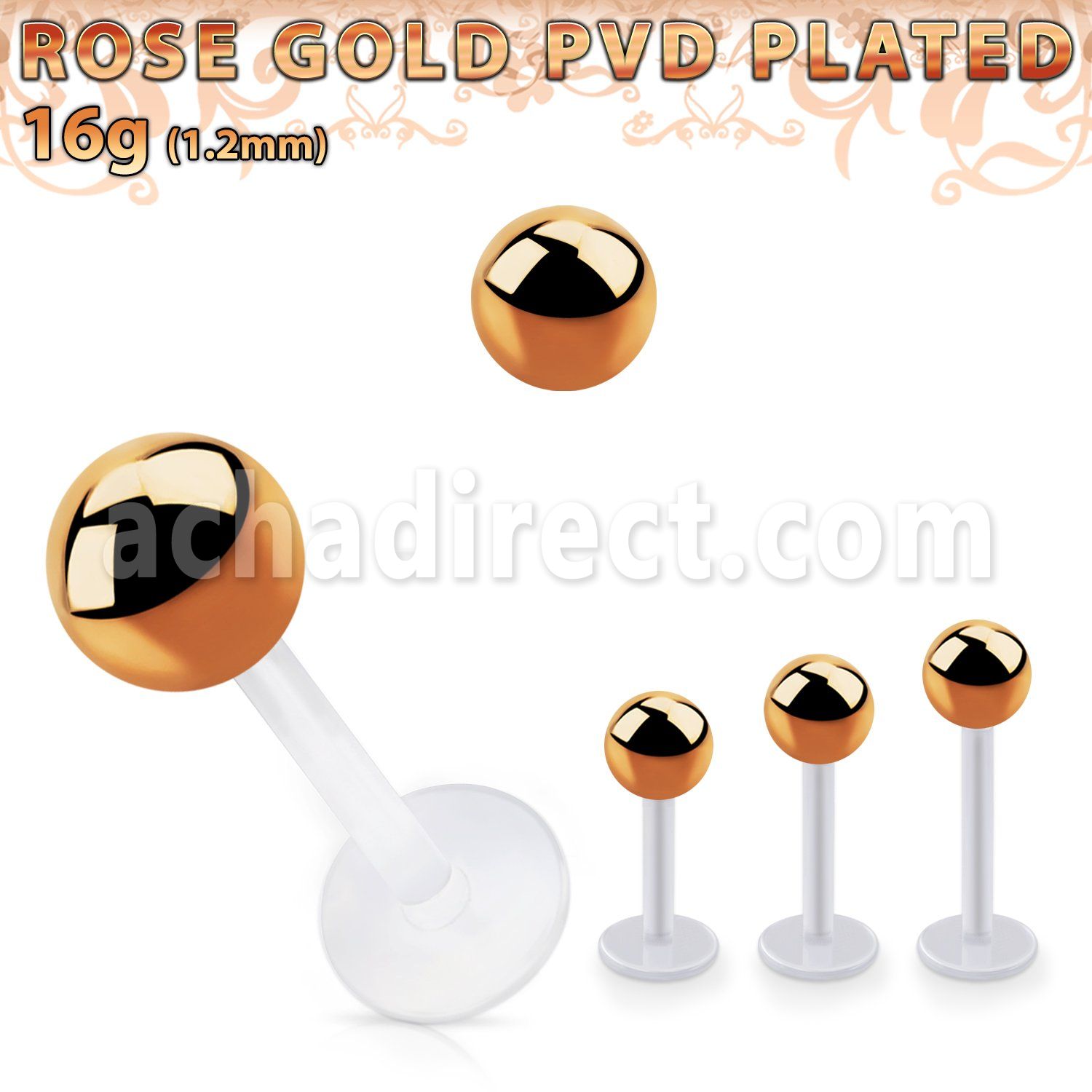 albttb5 bio  flex labret w 5mm rose gold pvd plated steel ball