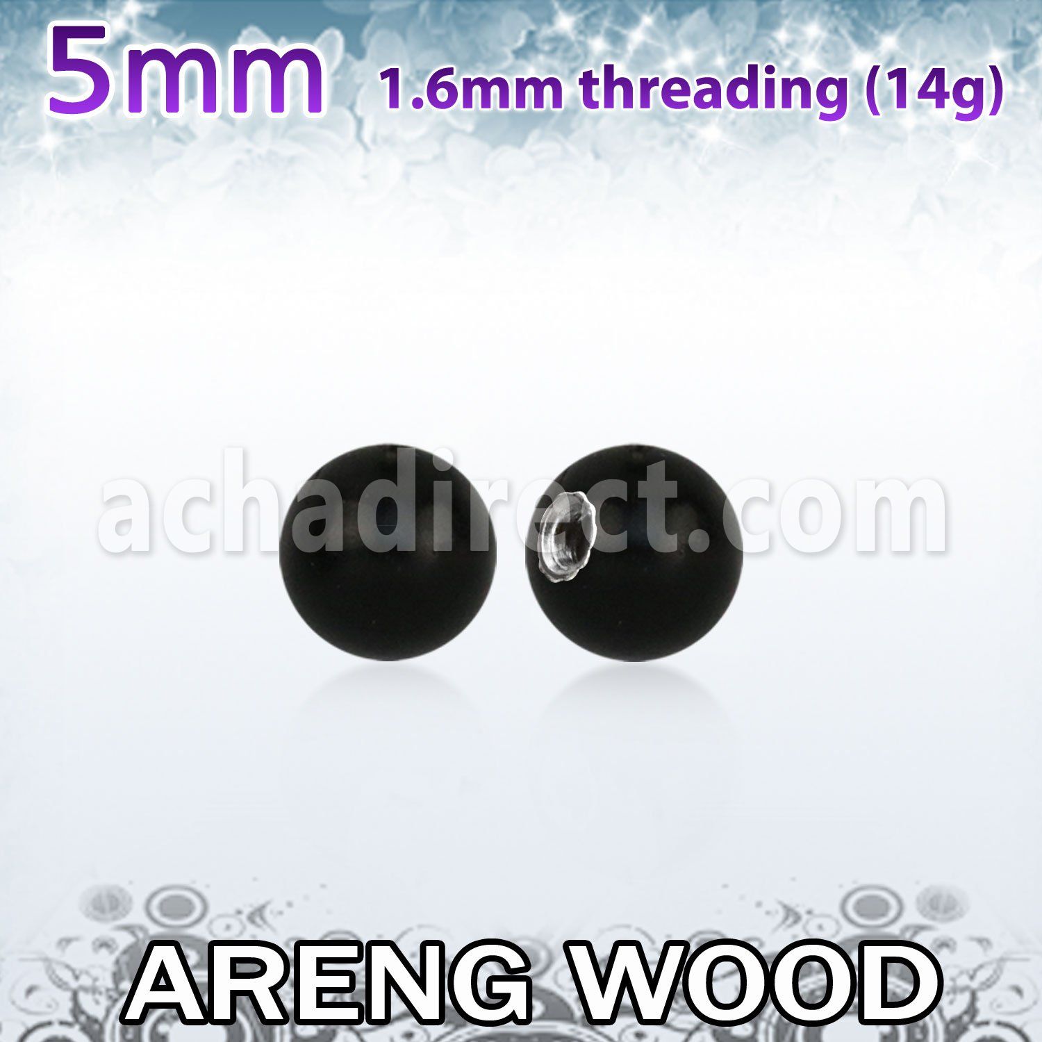 arball5 5mm areng wood ball with a 316l steel 1.6mm threading