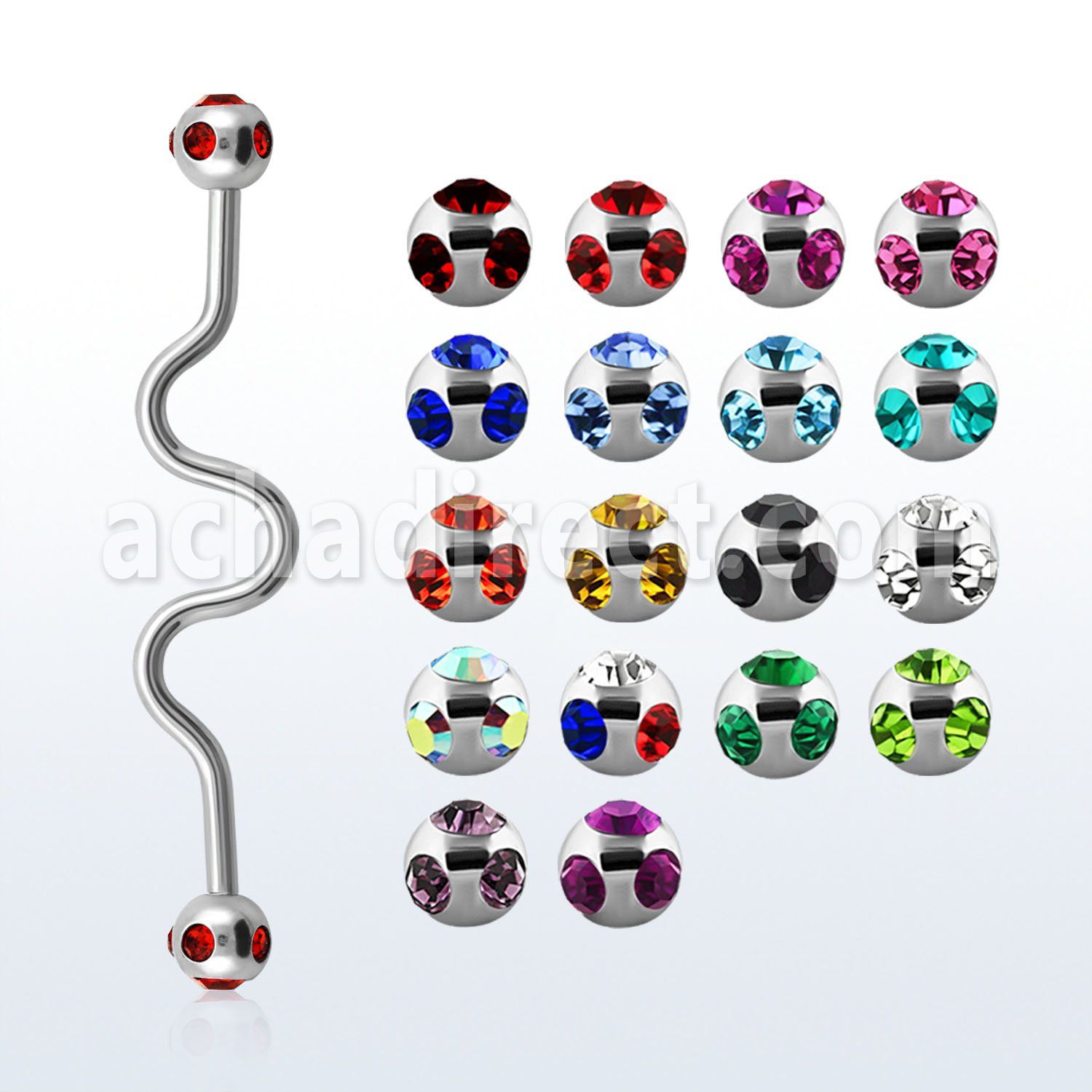 bbcj 316l steel industrial zigzag barbell w multi jewel ball
