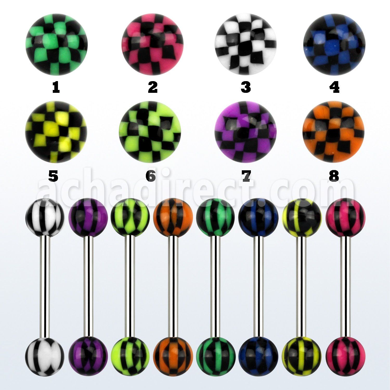 bbdxa 316l steel tongue barbell with 6mm acrylic checkered ball