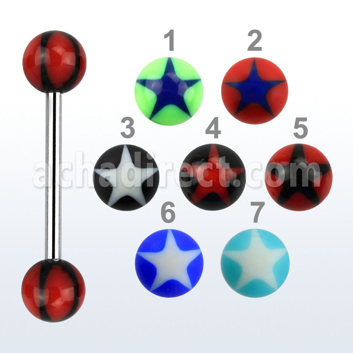 bbdxi 316l steel tongue barbell with 6mm acrylic star ball
