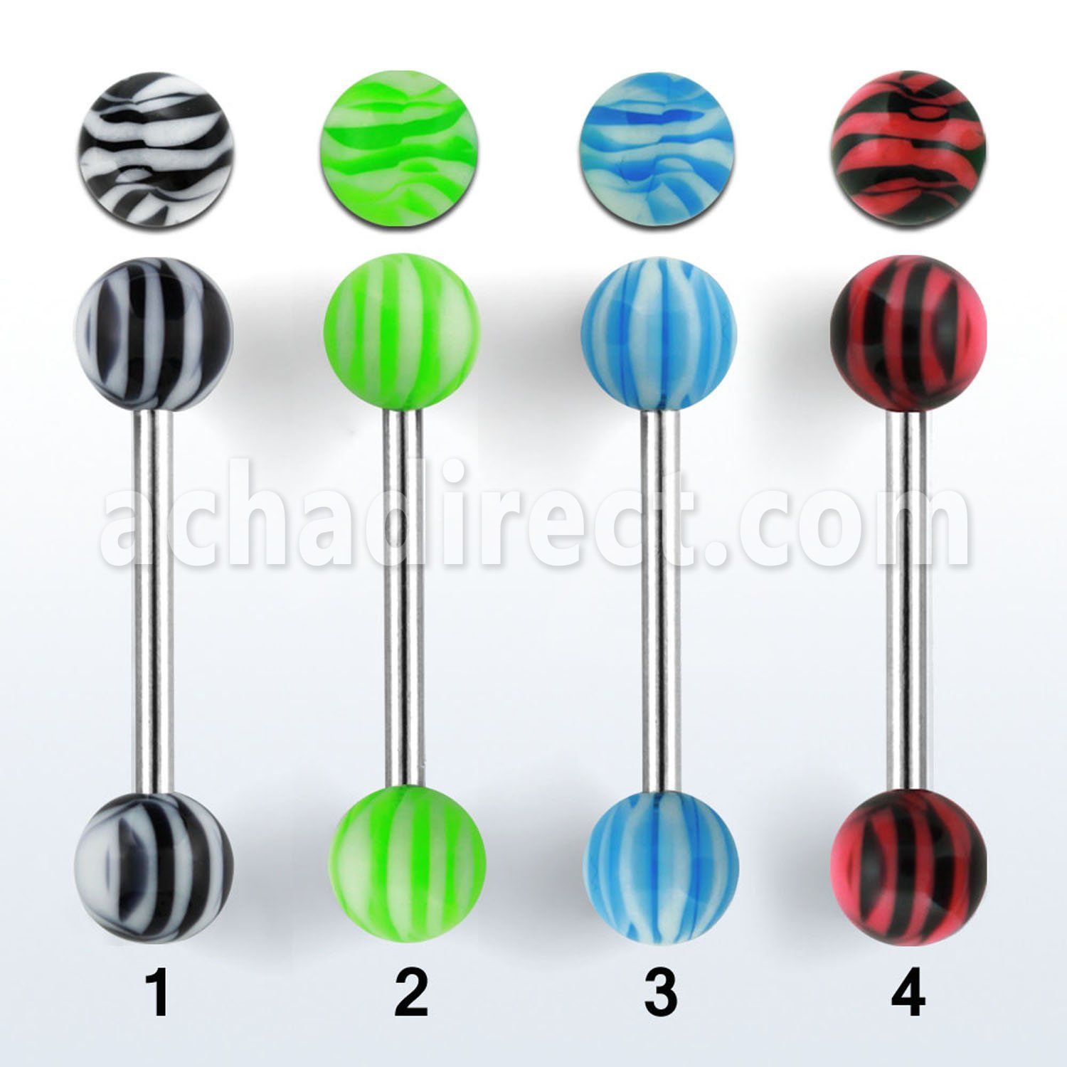 bbdxt 316l steel tongue barbell w acrylic zebra striped ball