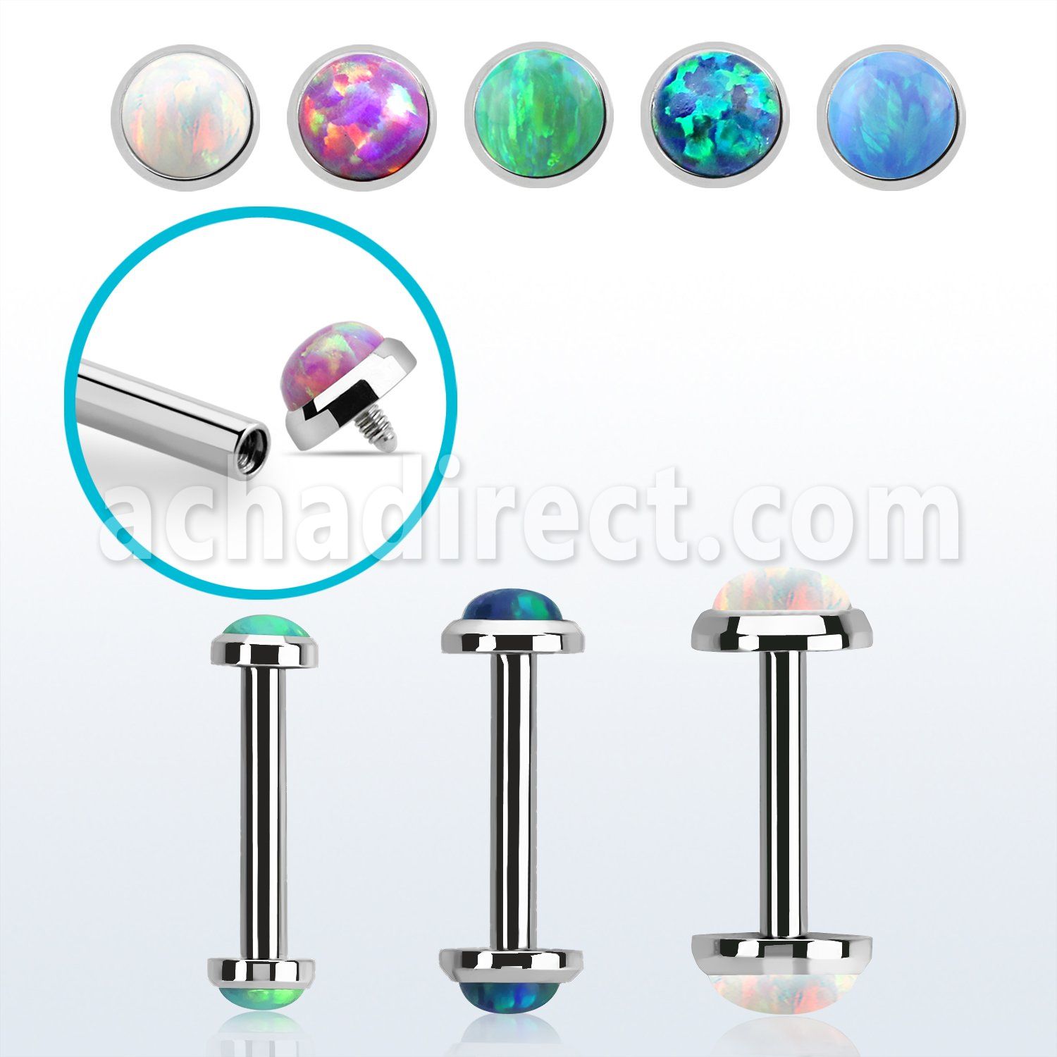 bbe2oin internally threaded steel barbel w synthetic opal tops