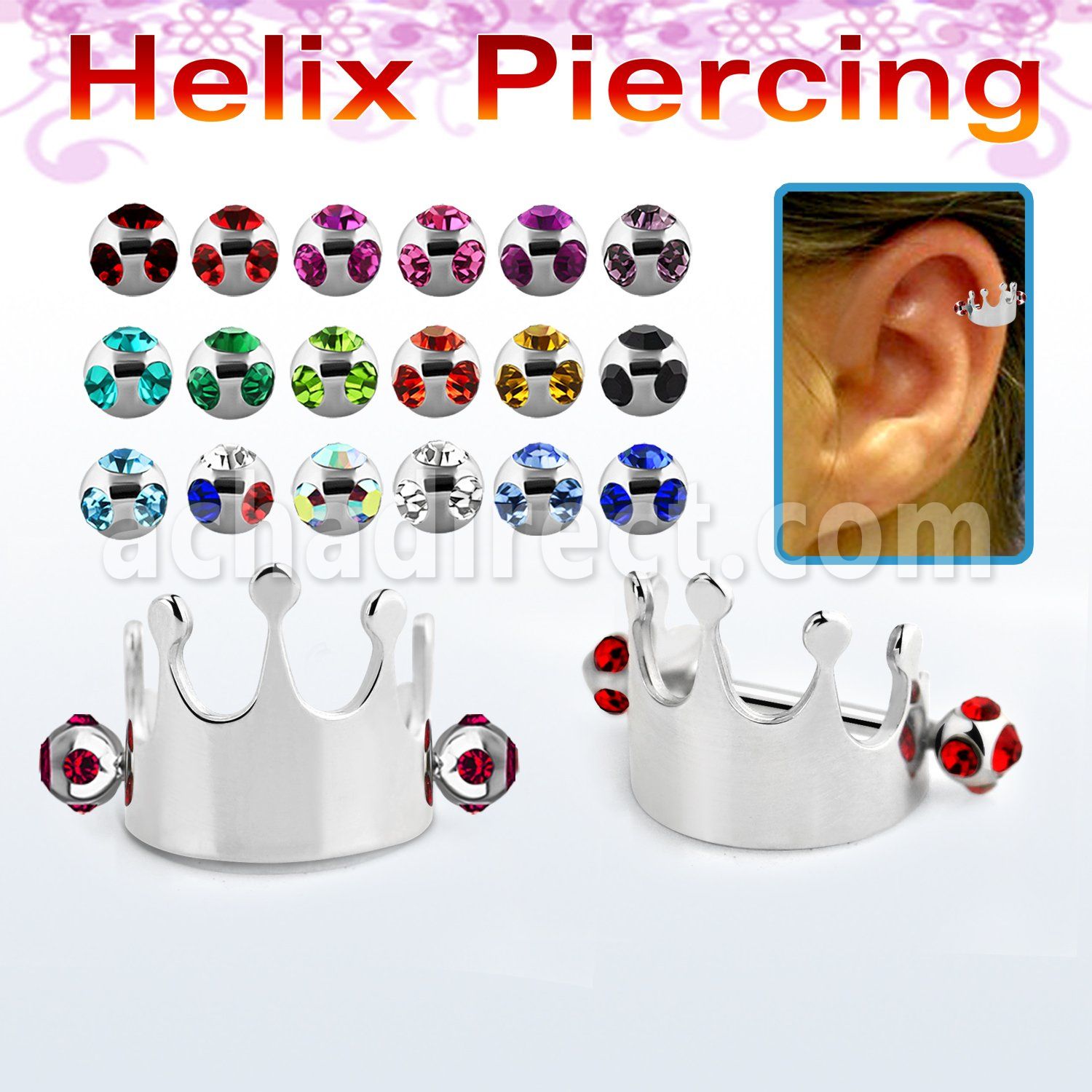 bber68 steel cartilage piercing crown w 2 3mm multi jewel ball