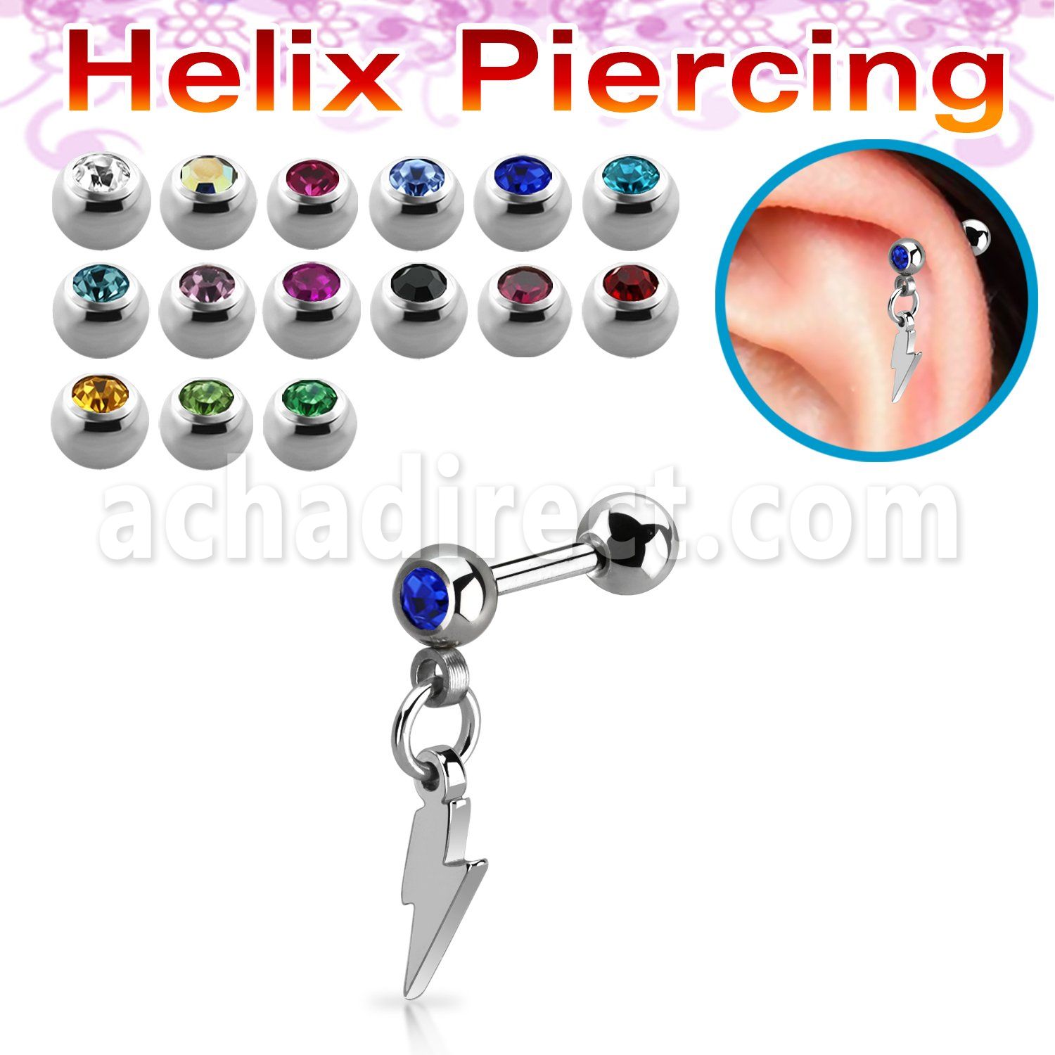 bber80 316l steel helix barbell w jewel ball lightning symbol