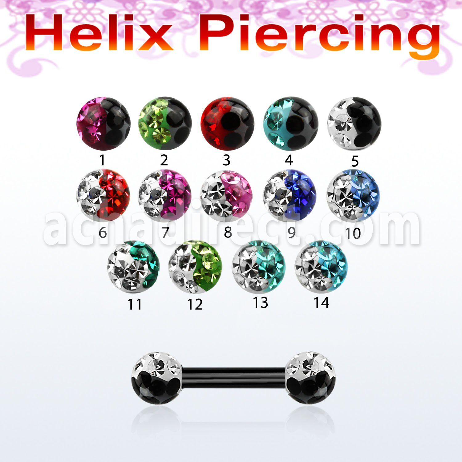 bbert23e anodized 316l steel helix brow barbell w 2 color ball