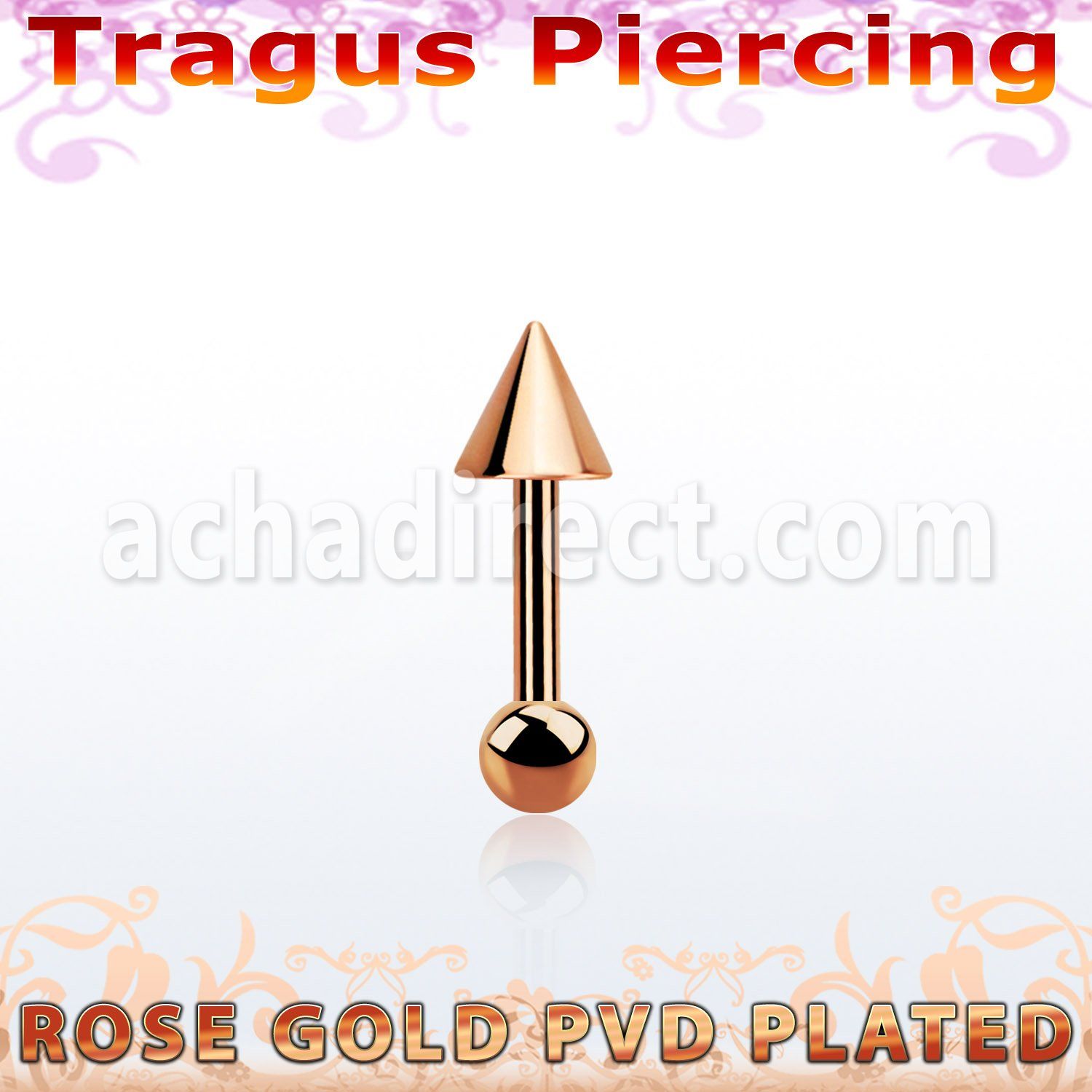 bbertt36 rose gold steel tragus barbell with top 4mm cone
