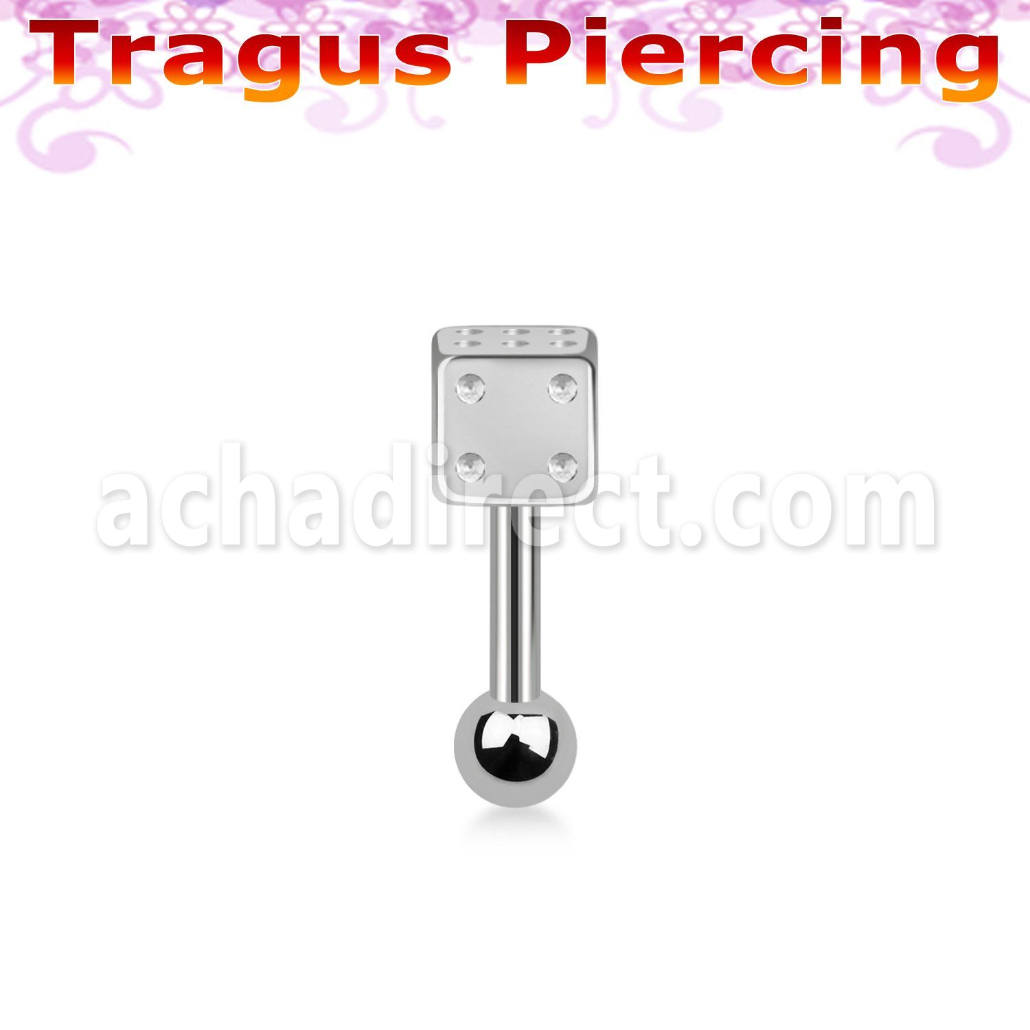 bbesdi4 316l steel tragus barbell with 4mm dice 3mm ball