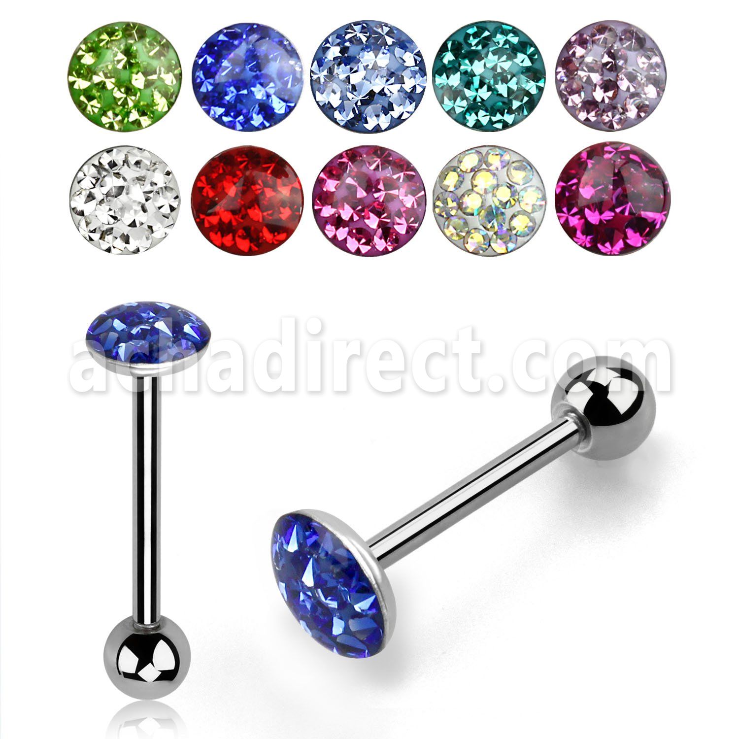 bbfc2x 316l steel tongue barbell with 6 2mm ferido crystal top
