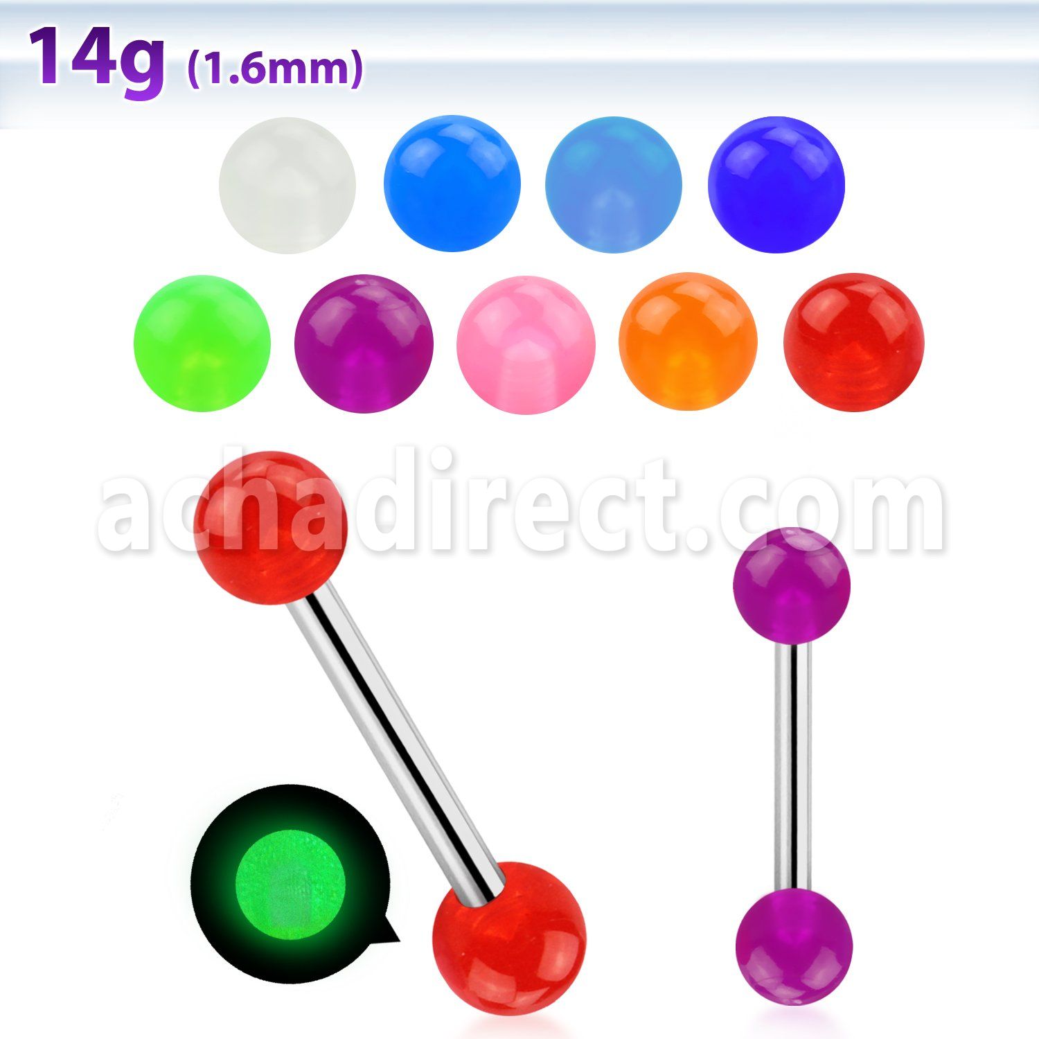 bbgl5 316l steel tongue barbell with a 5mm luminous ball