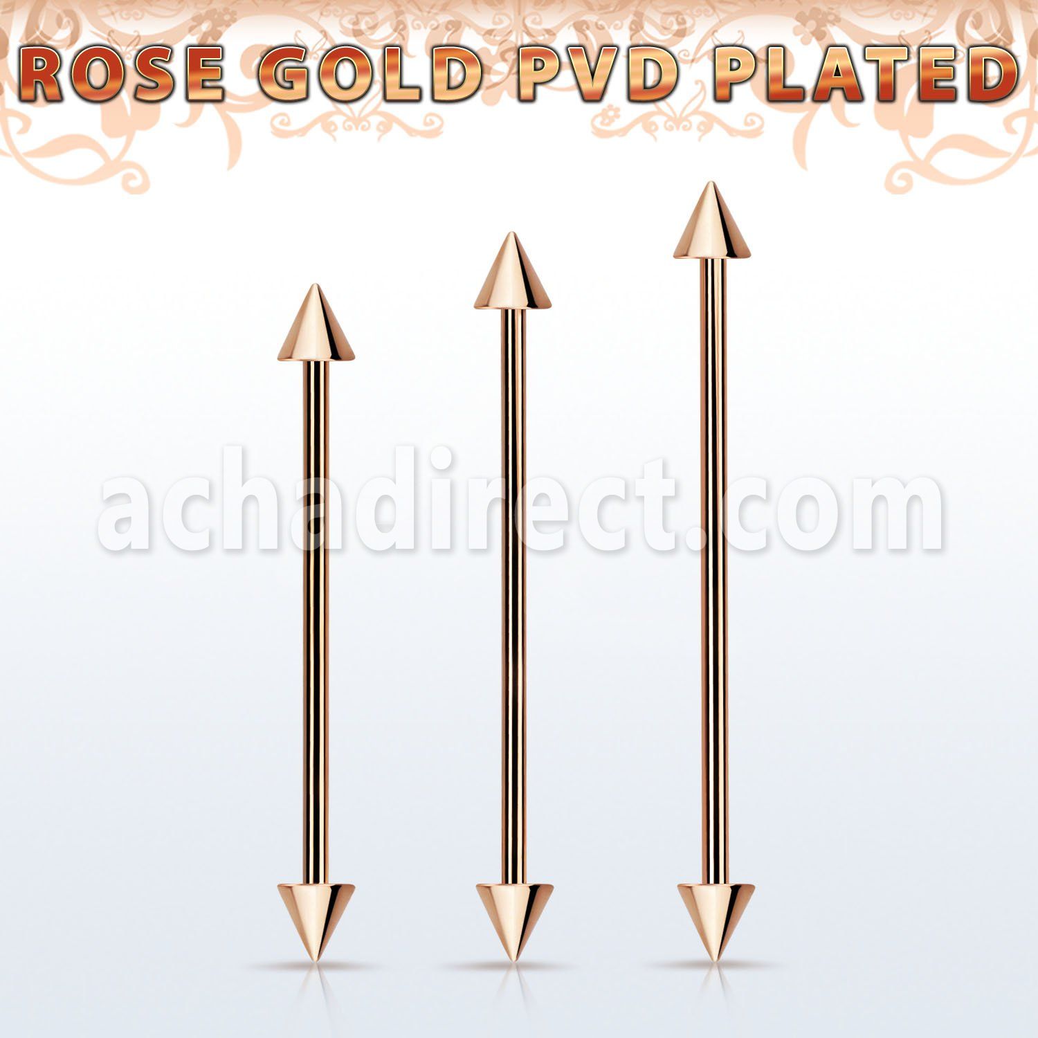 bbittcn rose gold 316l steel industrial barbell, w two 5mm cone