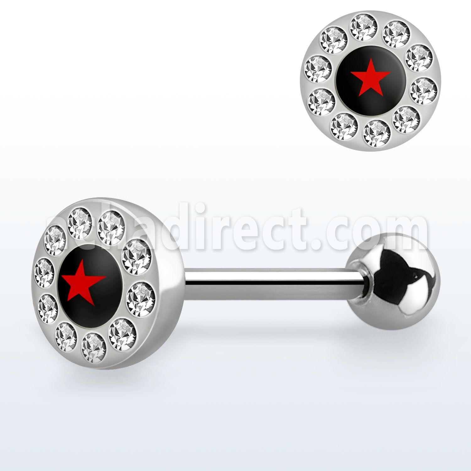 bbloc3 316l steel tongue barbell with crystallic red star logo